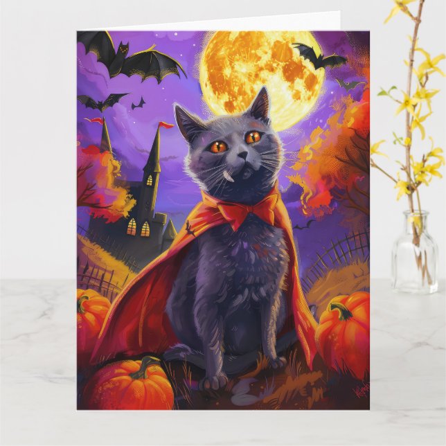 Cartão Halloween Russo Blue Cat Vampiro Pumpkins assustad (Flor Amarela)