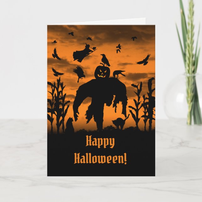Cartão Halloween Scarecrow Jack O Lantern Witn Ravens (Frente)