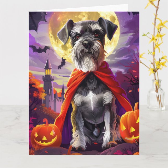 Cartão Halloween Schnauzer Vampiro Pumpkins assustado (Flor Amarela)