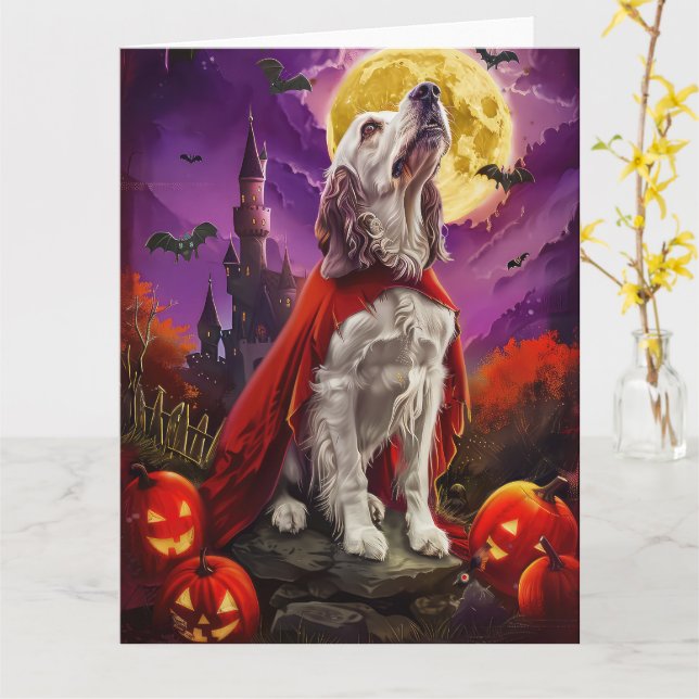 Cartão Halloween Setter Inglês Vampiro Abóboras Assustado (Flor Amarela)