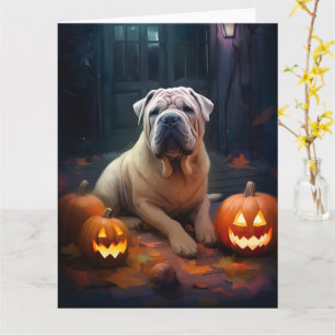 Cartão Halloween Shar Pei Com Pumpkins Assustado