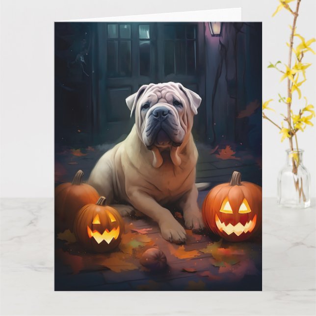 Cartão Halloween Shar Pei Com Pumpkins Assustado (Flor Amarela)