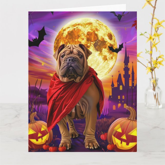 Cartão Halloween Shar Pei Vampiro Pumpkins assustado (Flor Amarela)