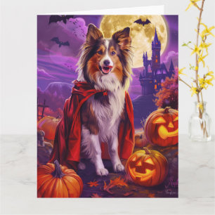 Cartão Halloween Shetland Sheepdog Vampiro Pumpkins assus