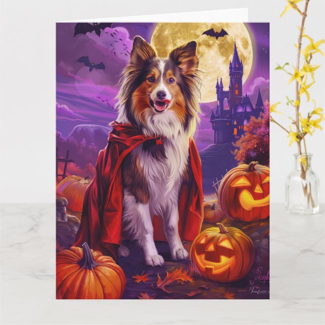 Cartão Halloween Shetland Sheepdog Vampiro Pumpkins assus (Flor Amarela)
