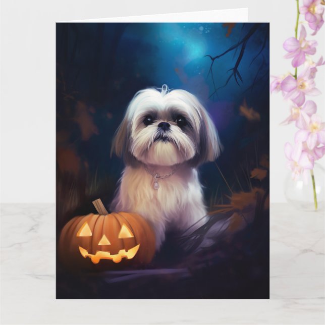 Cartão Halloween Shih Tzu Com Pumpkins Assustado (Orquídea)