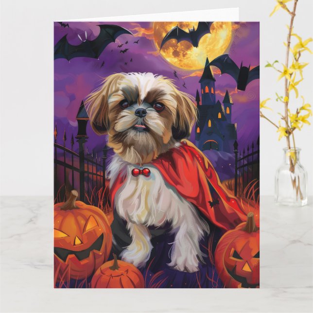 Cartão Halloween Shih Tzu Vampire Pumpkins Scary (Flor Amarela)