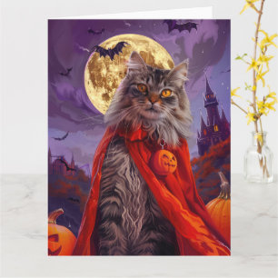 Cartão Halloween Siberian Cat Vampire Pumpkins assustado