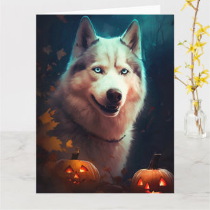 Cartão Halloween Siberian Husky Com Pumpkins Assustado