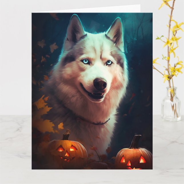 Cartão Halloween Siberian Husky Com Pumpkins Assustado (Flor Amarela)