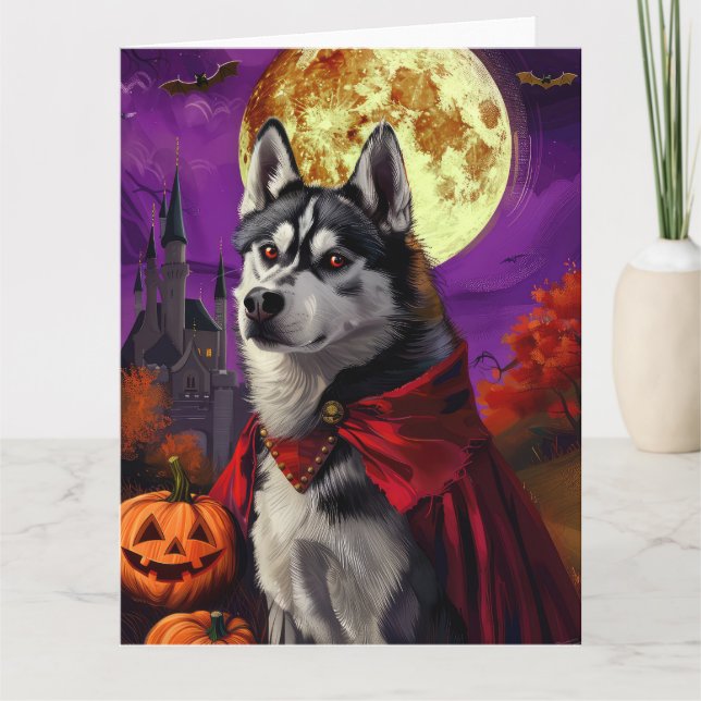 Cartão Halloween Siberian Husky Vampiro Pumpkins assustad (Frente)