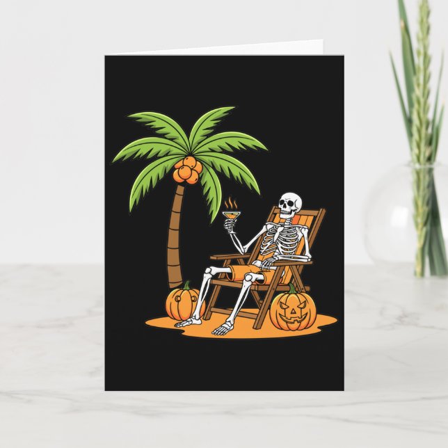 Cartão Halloween Skeleton Beach Vacation Palm Tree Pumpki (Frente)