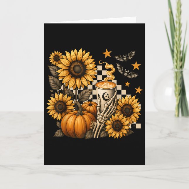 Cartão Halloween Skeleton Coffee, Soky Sunflowers Pumpkin (Frente)