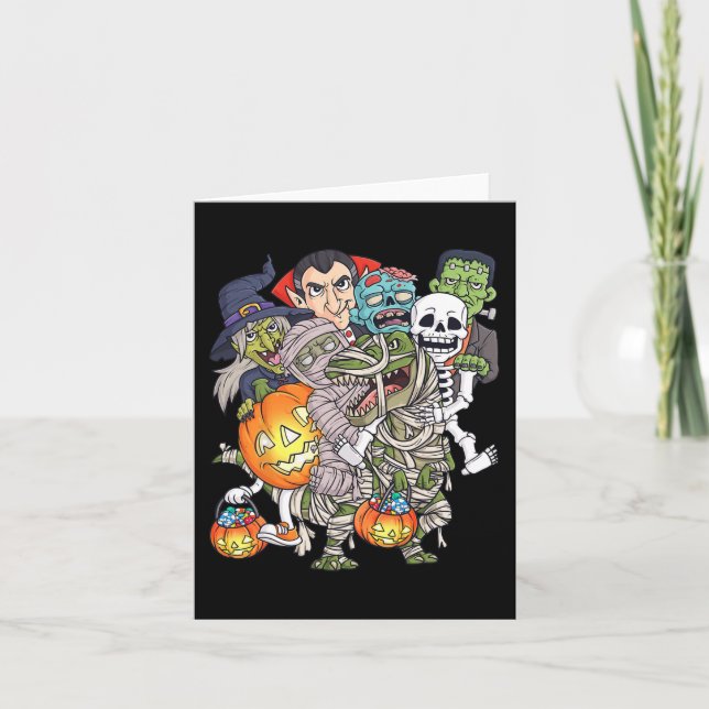 Cartão Halloween Skeleton Zombie Andando Mummy T Rex Engr (Frente)