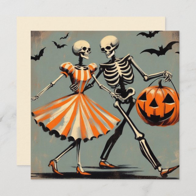 Cartão Halloween Skeletons e Jack O'Lantern Vintage (Frente/Verso)