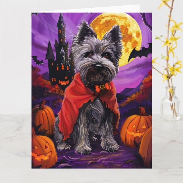 Cartão Halloween Skye Terrier Vampire Pumpkins assustado (Flor Amarela)