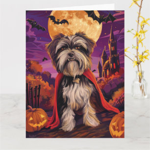 Cartão Halloween Tibetan Terrier Vampire Pumpkins assusta