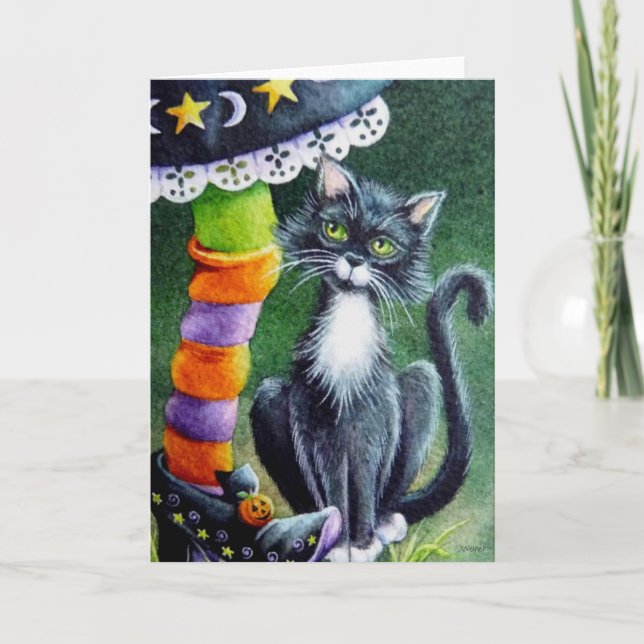 Cartão Halloween Tuxedo Cat & Witcolor Art (Frente)