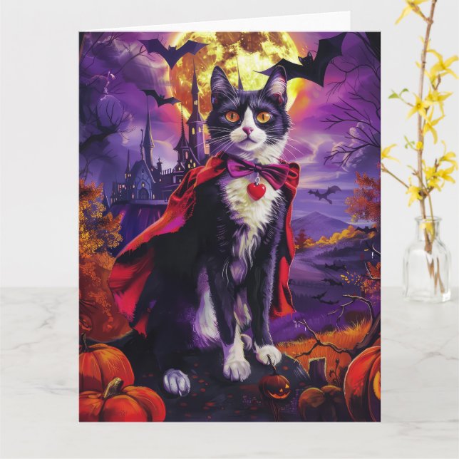 Cartão Halloween Tuxedo Gato Vampiro Pumpkins assustado (Flor Amarela)
