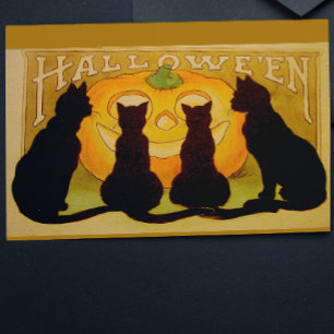Cartão Halloween Vintage Gatos Pretos e Jack O'Lantern