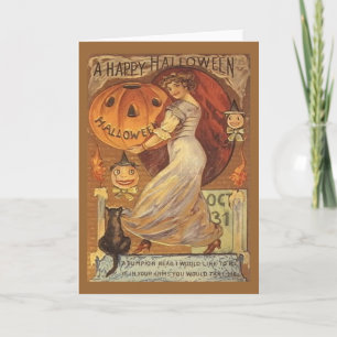Cartão Halloween Vintage Woman e Jack o' Lanterna