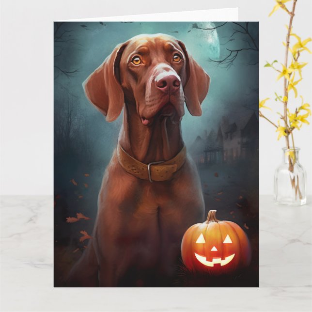Cartão Halloween Vizsla Com Pumpkins Assustado (Flor Amarela)