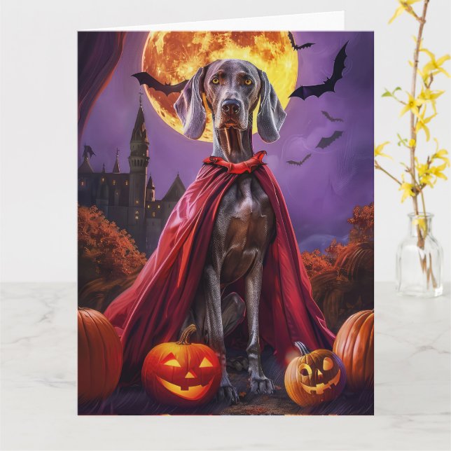 Cartão Halloween Weimaraner Vampire Pumpkins assustado (Flor Amarela)