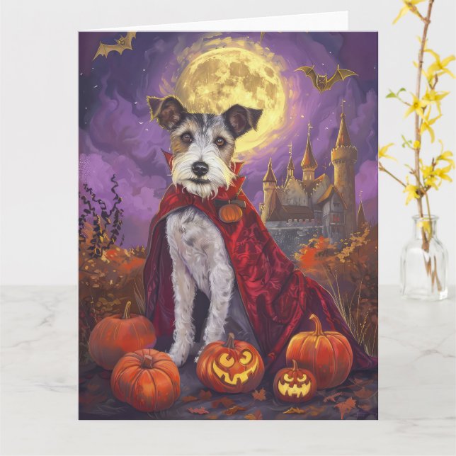 Cartão Halloween Wirefox Terrier Vampire Pumpkins assusta (Flor Amarela)