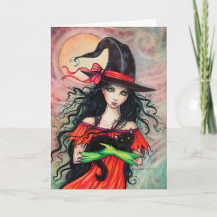 Cartão Halloween Witch and Black Cat Fantasy Art