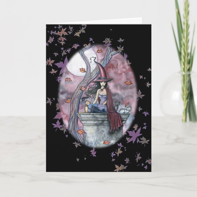 Cartão Halloween Witch Cat Card Autumn Leaves (Frente)