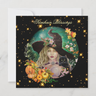 Cartão Halloween witch with black kitten greeting card 