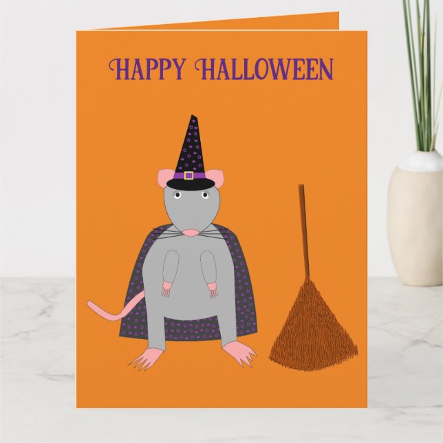 Cartão Halloween Witold Rat e Broom Personalizados (Frente)