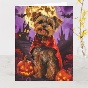 Cartão Halloween Yorkipoo Vampiro Pumpkins assustado