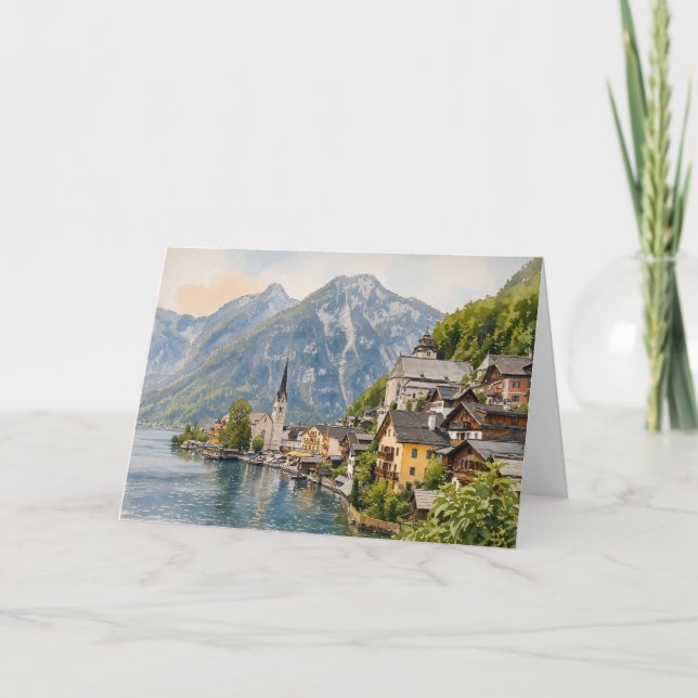 Cartão Hallstatt Áustria Aquarela (Frente)
