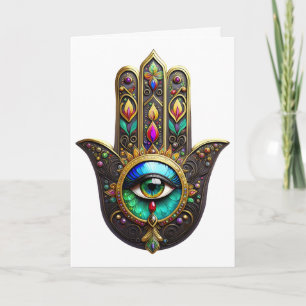 Cartão Hamsa Dourado Marrom Colorido Olho Terceiro Arco-í