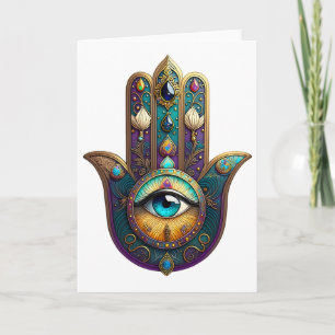 Cartão Hamsa Violeta Dourado Turquesa com Terceiro Olho T
