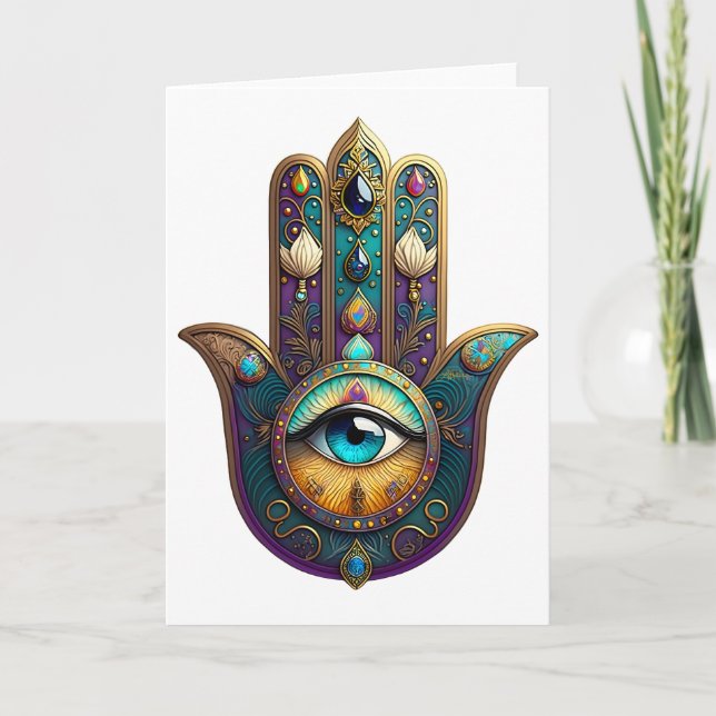Cartão Hamsa Violeta Dourado Turquesa com Terceiro Olho T (Frente)