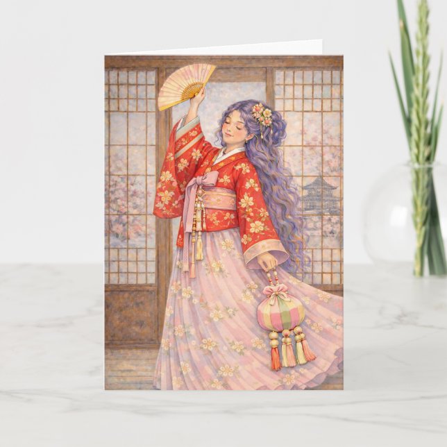Cartão Hanbok Elegante com Leque (Frente)