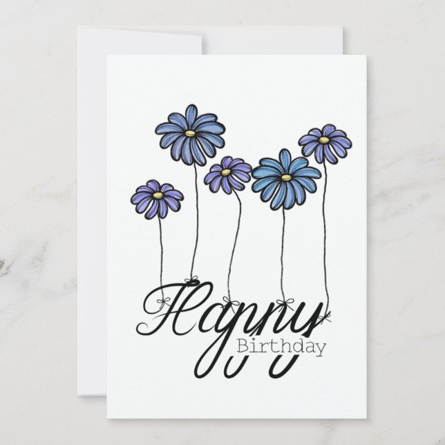 Cartão Hand-Drawn Birthday Card w Blue Flower Balloons (Frente)