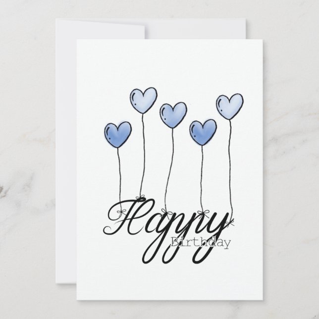 Cartão Hand-Drawn Birthday Card w D. Blue Heart Balloons (Frente)