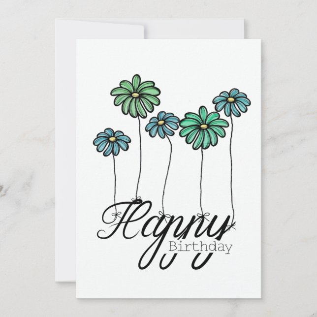 Cartão Hand-Drawn Birthday Card w Green Flower Balloons (Frente)