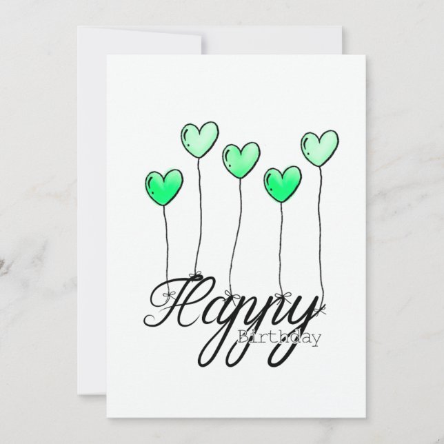 Cartão Hand-Drawn Birthday Card w Green Heart Balloons (Frente)