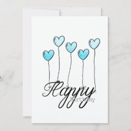 Cartão Hand-Drawn Birthday Card w L. Blue Heart Balloons