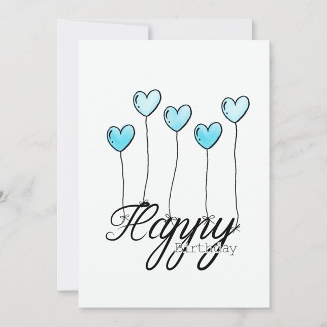 Cartão Hand-Drawn Birthday Card w L. Blue Heart Balloons (Frente)