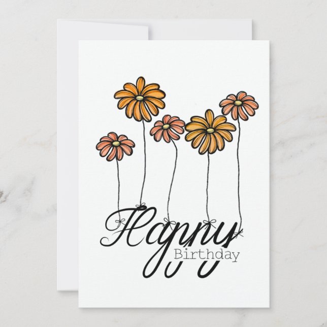 Cartão Hand-Drawn Birthday Card w Orange Flower Balloons (Frente)