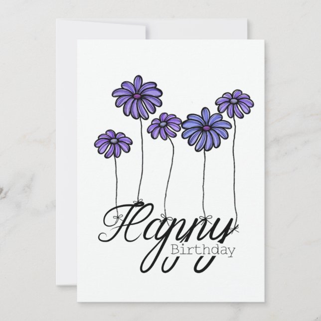 Cartão Hand-Drawn Birthday Card w Purple Flower Balloons (Frente)