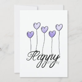 Cartão Hand-Drawn Birthday Card w Purple Heart Balloons
