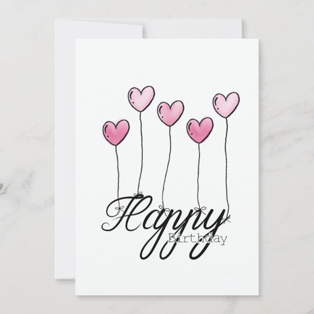 Cartão Hand-Drawn Birthday Card With Pink Heart Balloons (Frente)