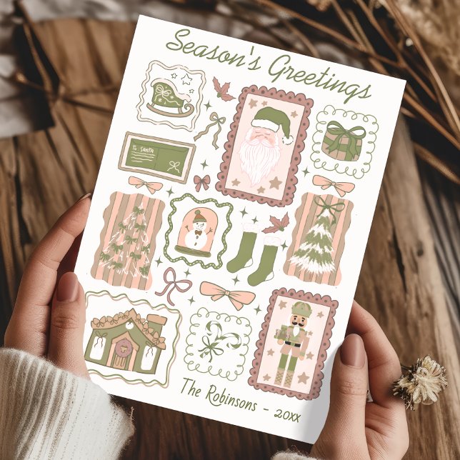 Cartão Hand Drawn doodle green peach christmas greeting (Criador carregado)