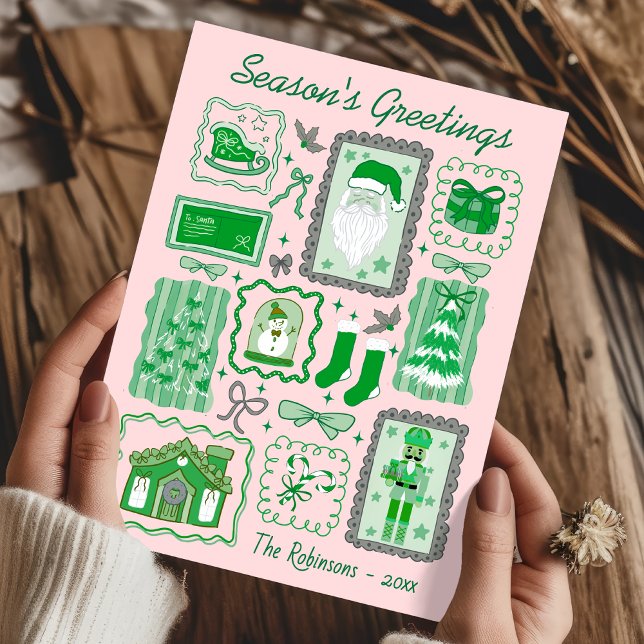 Cartão Hand Drawn doodle green pink christmas greeting (Criador carregado)